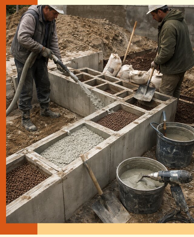 Заполнение полостей фундамента в железнодорожном герметичным утеплением и повышением прочности