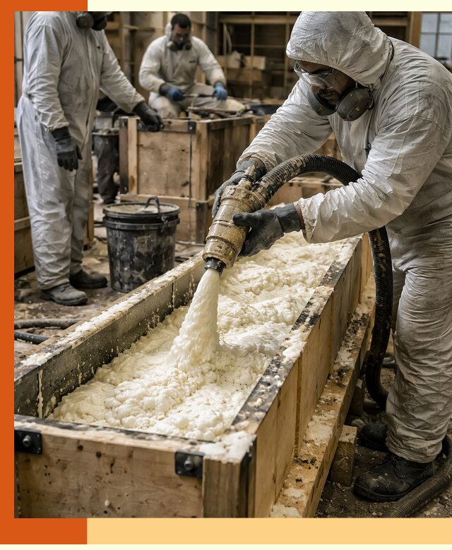 Заливка пенополиуретана в формы для утепления в железнодорожном